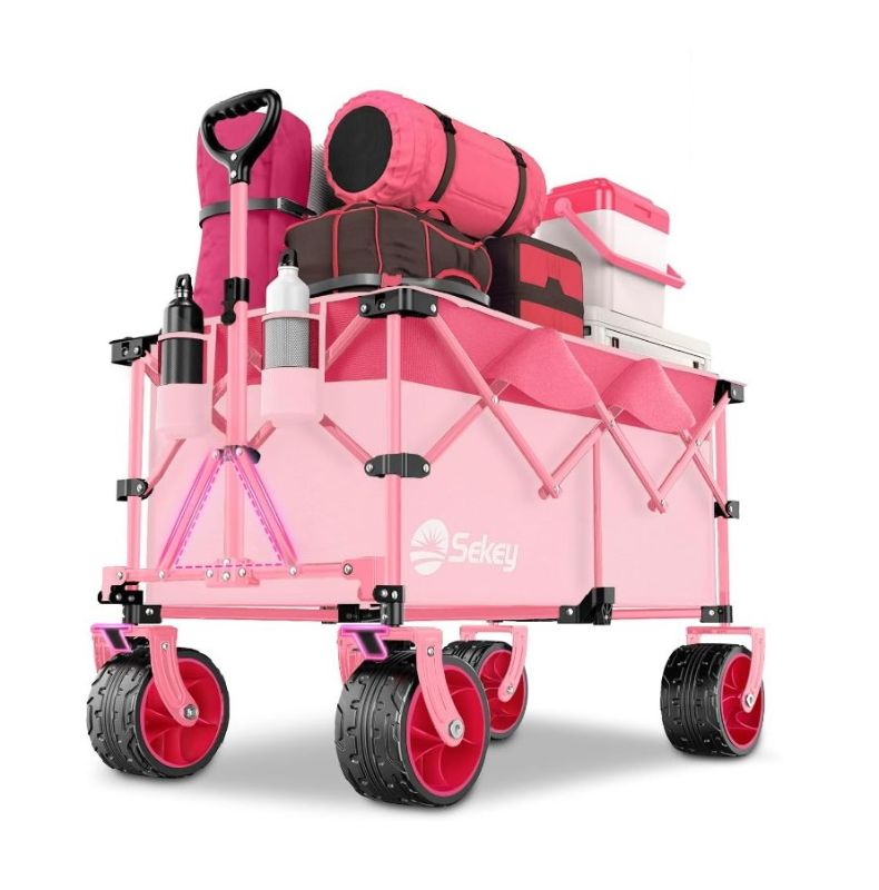 Photo 1 of Sekey 220L Collapsible Foldable Wagon with 330lbs Weight Capacity, Heavy Duty Folding Wagon Cart with Big All-Terrain Wheels & Drink Holders Barbie Pink