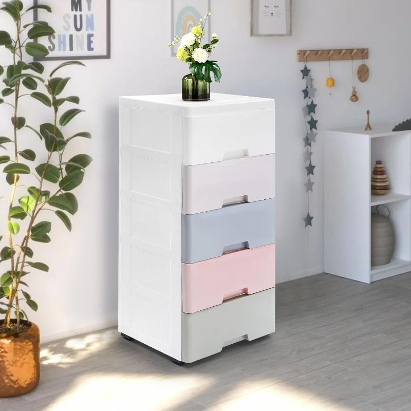 Photo 1 of 5 Drawer Storage Cabinet Plastic Clothes Storage Tower Bin, Load 55.12lbs Mobile Drawer Organizer Unit for Hallway Entryway Home Furniture, 17.72 * 11.81 * 33.07in