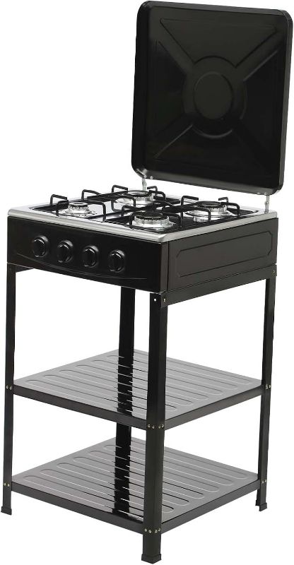 Photo 1 of Portable Grill Gas Stove with 4 Burners, Outdoor 4 Leg Stand Gas Grill, Patio Burner Manual Ignition Camping Stove Standup Grill with 2 Tiers Storage Rack Wind Blocking Cover for Home Use Black