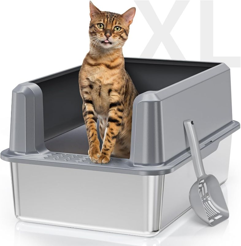 Photo 1 of Enclosed Stainless Steel Cat Litter Box with Lid, Odorless XL Metal Litter Box for Big Cats, Extra Large Kitty Litter Box, Easy Clean Steel Litter Box Anti-Leakage, Include Litter Scoop