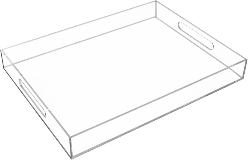Photo 1 of Clear Acrylic Serving Tray with Handles,11x14 Inches Acrylic Organizer Tray, Kitchen Countertop Tray, Vanity Table Tray, Decorative Tray Organiser,Ottoman Tray for Living Room Bedroom Bathroom