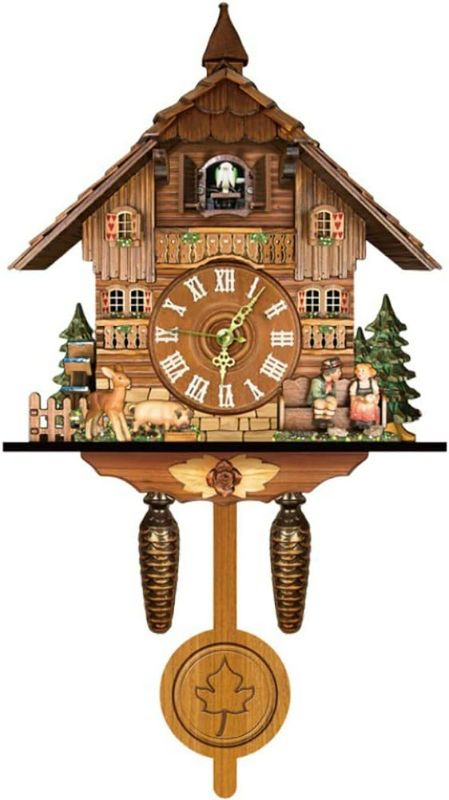 Photo 1 of Surakey Elegant, Traditional, Decorative, Wooden Painted Modern Wall Clock Cuckoo Clock Bird Now Time Hanging Clock Display Handmade Decoration Swinging Pendulum 