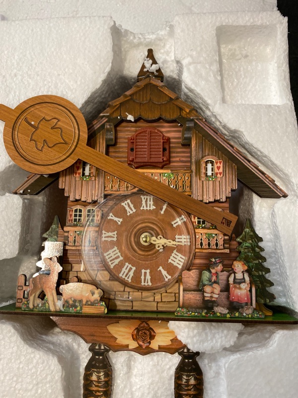 Photo 1 of Surakey Elegant, Traditional, Decorative, Wooden Painted Modern Wall Clock Cuckoo Clock Bird Now Time Hanging Clock Display Handmade Decoration Swinging Pendulum 