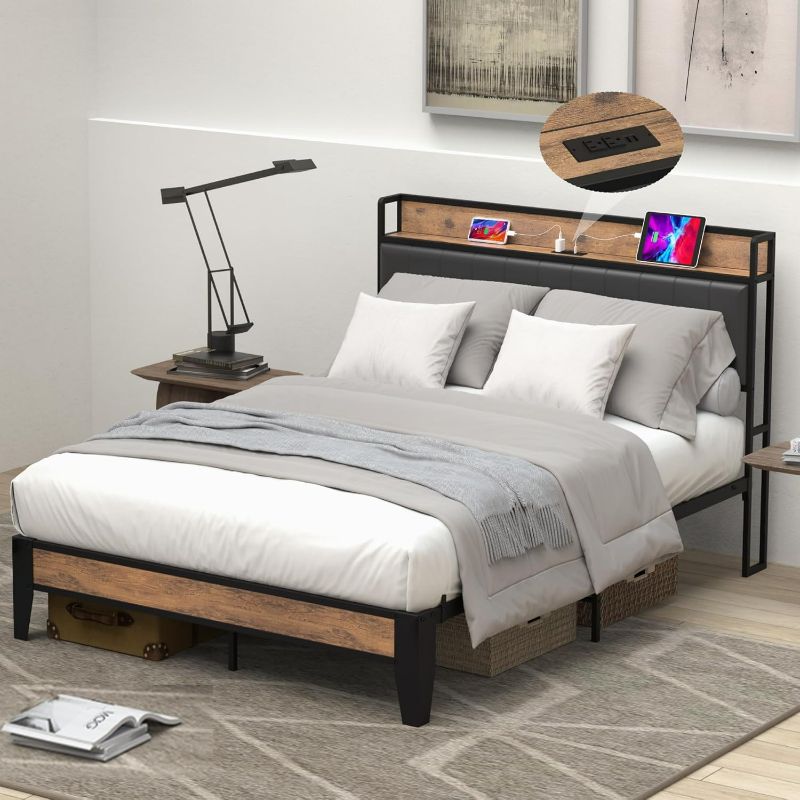 Photo 1 of Full Size Bed Frame with Storage Headboard, Built-in Charging Station, Easy Assembly, Noise Free, Non-Slip Design, Sturdy and Stable, No Box Spring Needed, Heavy Duty Metal Support Bed Frame