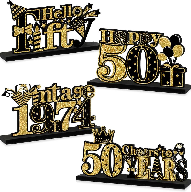 Photo 1 of 4 Pieces 50th Birthday Decorations Wooden Vintage 1974 Table Party Supplies, Black Gold Cheers to 50 Years Table Centerpieces Sign, Happy 50th Anniversary Bday Hello Fifty Table Decor