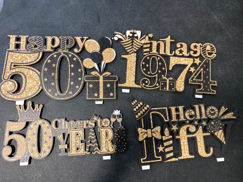 Photo 2 of 4 Pieces 50th Birthday Decorations Wooden Vintage 1974 Table Party Supplies, Black Gold Cheers to 50 Years Table Centerpieces Sign, Happy 50th Anniversary Bday Hello Fifty Table Decor