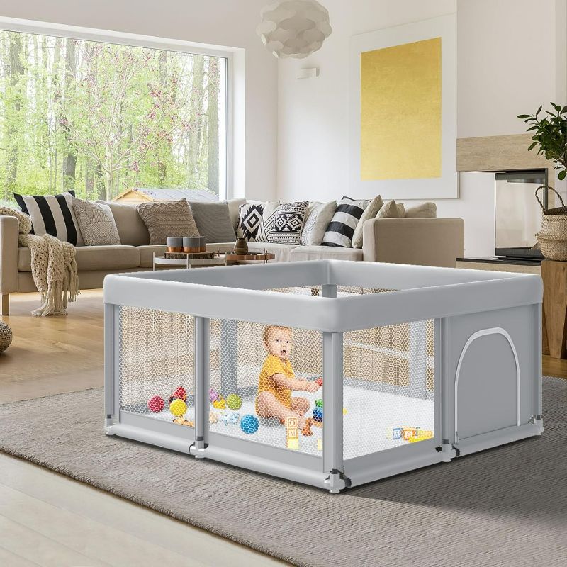 Photo 1 of 50" ×50" Baby Playpen, Baby Playard for Babies and Toddlers, Baby Fence Play Pens for Indoor & Outdoor, Sturdy Safety Play Yard with Soft Breathable Mesh, Anti-Fall, Grey