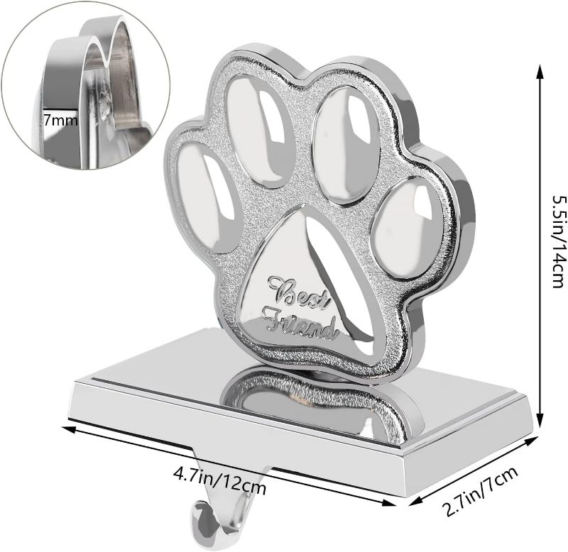 Photo 1 of Dog Paw Christmas Stocking Holder, 3D Silver Metal Mantel Pet Paw Stocking Hanger for Christmas Fireplace Mantel Decorations Christmas Holiday Supplies ( hook is broken )