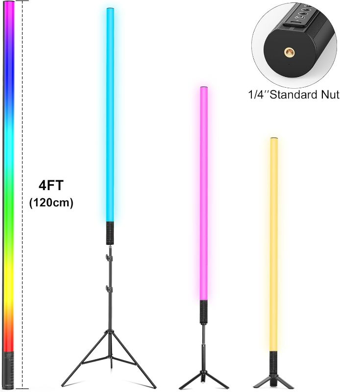 Photo 1 of LUXCEO 2Pack RGB Tube Light Bar(4FT) with Light Stand, Battery Powered LED Video Light Wand Stick for DJ Lighting, Dance Club and Photography Lighting