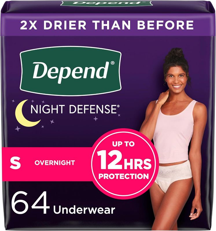 Photo 1 of Depend Night Defense Adult Incontinence & Postpartum Bladder Leak Underwear for Women, Disposable, Overnight, Small, Blush, 64 Count (4 Packs of 16), Packaging May Vary