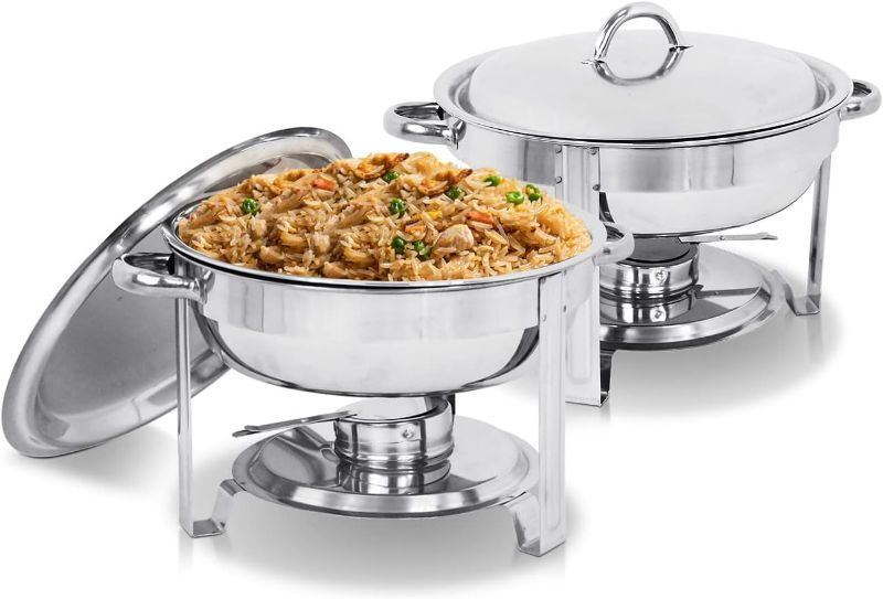 Photo 1 of SUPER DEAL Upgraded 5 Qt Full Size Stainless Steel Chafing Dish Set of 2 Pack Round Chafer Buffet Catering Warmer Set w/Food and Water Pan, Lid, Solid Stand and Fuel Holder