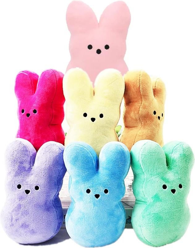 Photo 1 of Easter Bunny Plush Toys 15cm/6inch Cute Peep Rabbit Stuffed Animal Solid Color Easter Decorations Indoor Easter Basket Stuffers for Kids (9Pcs, 15cm / 6inch)