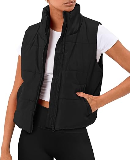 Photo 1 of (M) AUTOMET Puffer Vest Women Sleeveless Winter Cropped Outerwear Warm Puffer Lightweight Stand-up Collar Down with Pockets