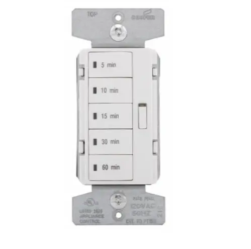 Photo 1 of Eaton Accell minute timer, 5, 10, 15, 30, and 60 minute default settings, 15A, 120V, Wire leads, Five button, Light almond, white, ivory, Load type: Incandescent, halogen, MLV, ELV, fluorescent, CFL, LED, Single-pole, Polycarbonate, 1800W