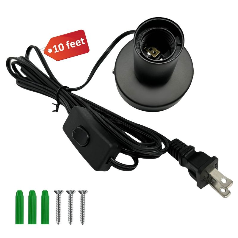 Photo 1 of FINAL SALE ***SOLD AS IS****lack Metal E26/E27 Screw Light Socket with 10FT Extension Cord, Hanging Light Cord for Garage,80MM Small Table Lamp Base Ceiling Bulb Holder, On/Off Switch US Plug in Wire (1 Pack) green screws missing 