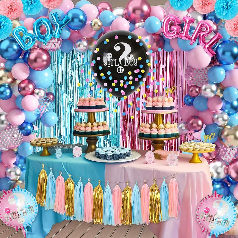 Photo 1 of 109Pcs Gender Reveal Decorations Boy or Girl Gender Reveal Party Supplies Including Balloons Tablecloths Backdrop Cake Toppers Fringe Curtains Tissue Paper Pom Poms Decorations Kit