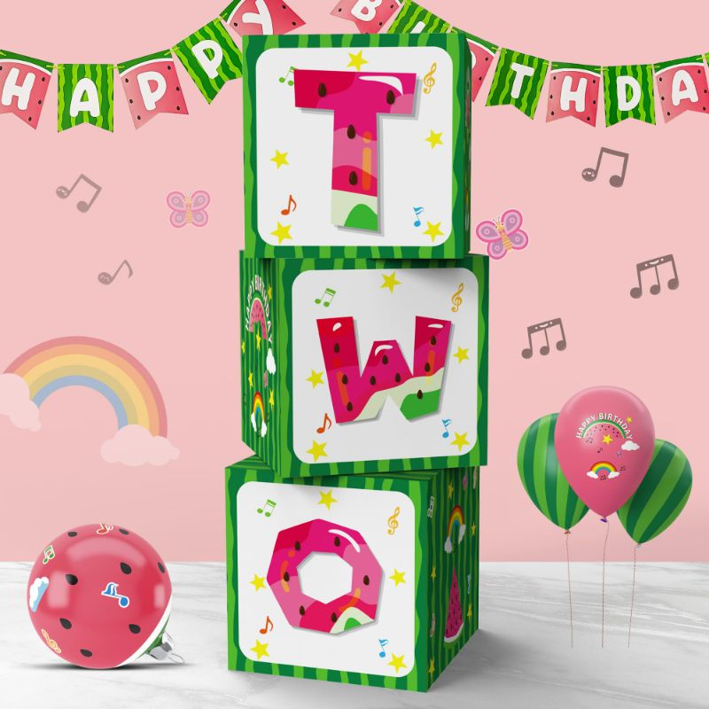 Photo 1 of Cartoon Melon 2nd Birthday Balloon Boxes Party Supplies Decorations, 3pcs Watermelon One In A Melon Theme Party Gift Boxes Blocks Decor with TWO Cake Smash Backdrop