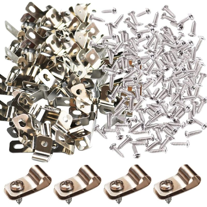 Photo 1 of 100 Pcs Fence Wire Clamps with 100 Pcs Screws for 2-6 Gauge Wire Fencing, Stainless Steel Wire Clips Mount Welded Wire to Vinyl, Wood or Metal Fence