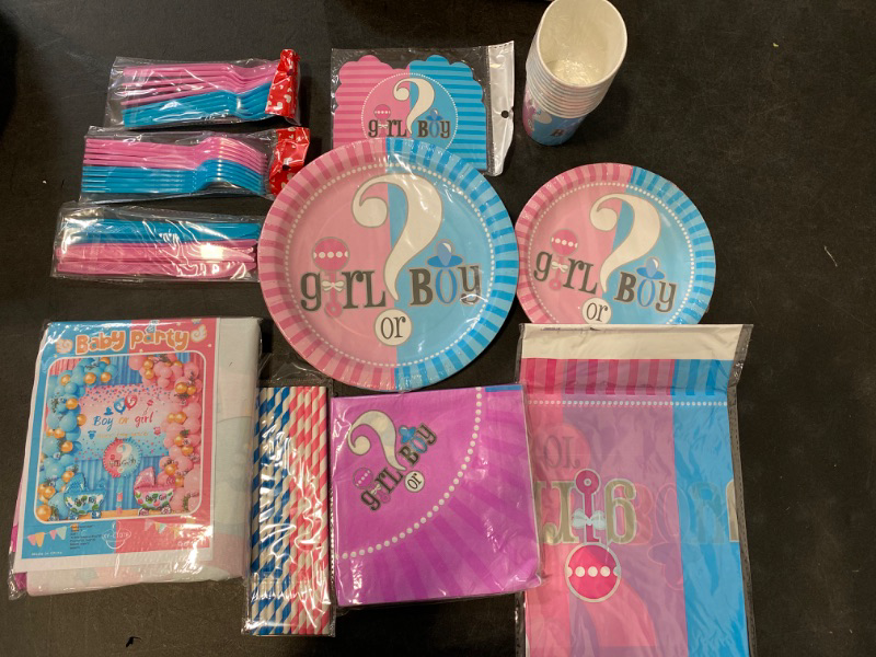 Photo 1 of Gender Reveal Party Supplies Tableware Set - Baby Gender Reveal Partyware Kit  Baby Gender Reveal With Flatware, Spoons, Plates, Cups, Straws, Napkins, Tablecloth, Cake Topper, S