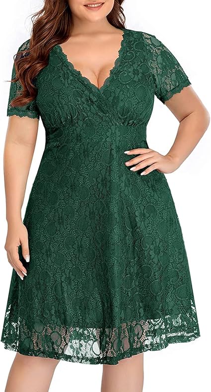 Photo 1 of Size 20+ Women's Wedding Guest Plus Size Semi Formal Cocktail Lace Wrap V Neck Short Sleeve Knee Length Dress