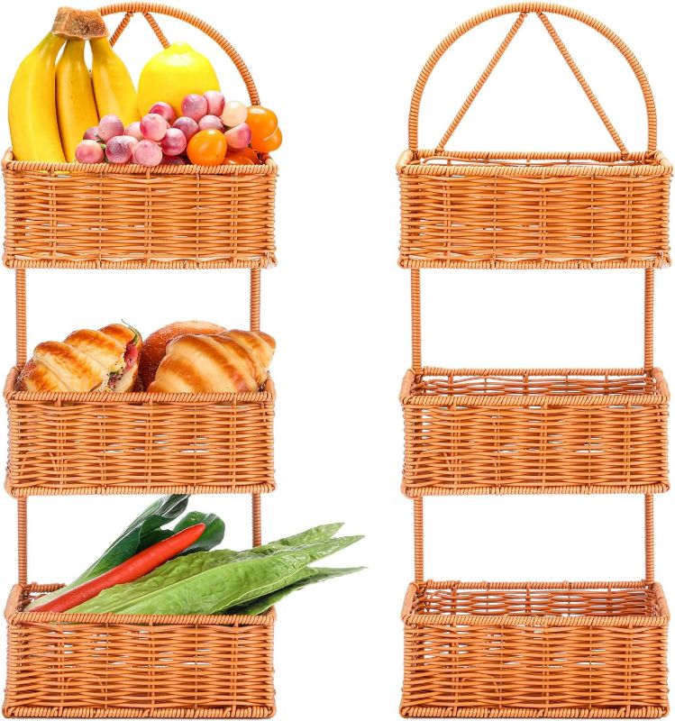 Photo 1 of 2 Pcs 3 Tier Hanging Fruit Basket with hook Wall Hanging Fruit Bowl Hand Woven 3 Tier Basket Stand Tiered Fruit Stand Vegetables Display Baskets for Kitchen Organizing Boho Room Kitchen