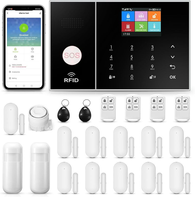 Photo 1 of 4G Smart Home Security Alarm Kit, Wireless WiFi Home Alarm System with Siren, PIR Motion Sensor, Remote Controls, Window/Door Sensor, Support SMS Push/APP Linkage Alert (21 Pieces)