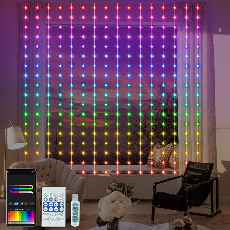 Photo 1 of Smart Curtain Lights RGB 5050 Built in Chip, Color Changing Curtain Lights with Music Sync APP Remote Control, 8Ft x 6Ft 144LED USB Curtain Fairy String Lights for Party Patio Garden Decor