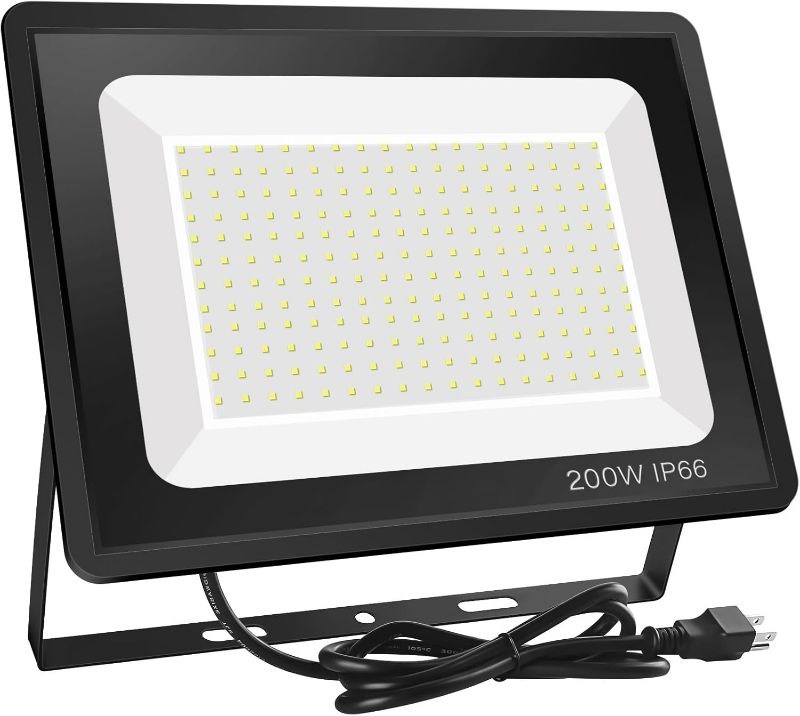 Photo 1 of 200W LED Flood Light, 6000K Daylight White 24,000lm Super Bright, Waterproof IP66 with Plug, Work Light for Parking Lot, Playground, Court, Yard