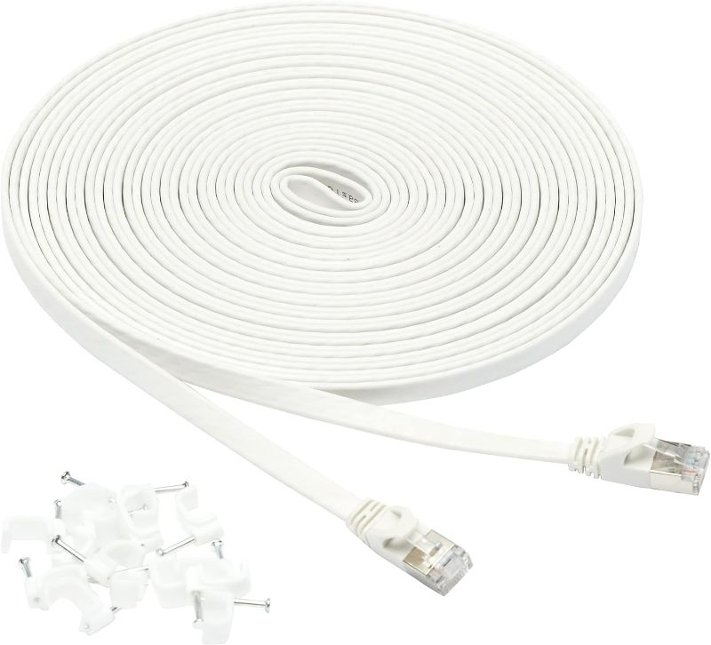 Photo 1 of Amazon Basics RJ45 Cat 7 Ethernet Patch Cable, Flat, 600MHz, Snagless, Includes 15 Nails, 30 Foot, White