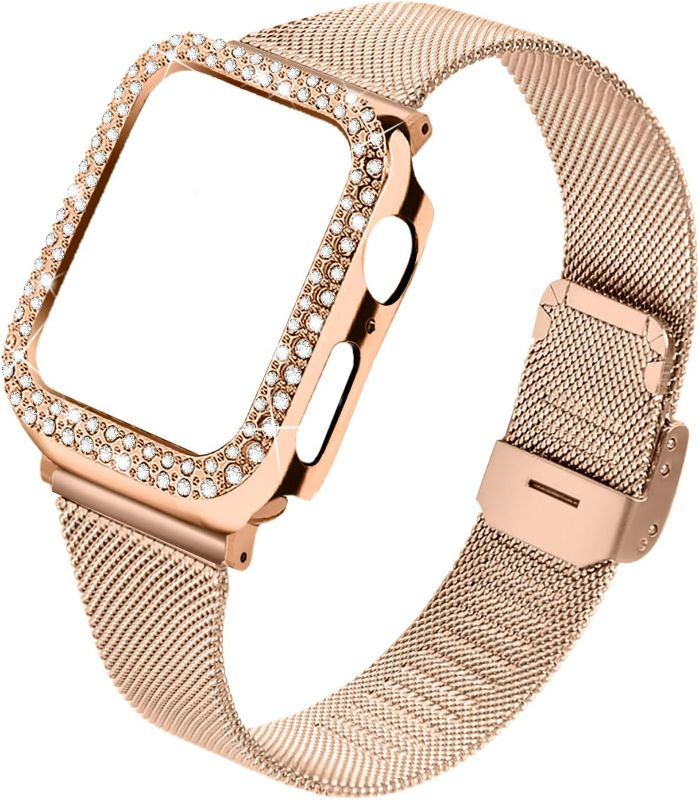 Photo 1 of JOYOZY Stainless Steel bands Compatible For Apple Watch 40mm,Women Bling Protective Crystal Diamond Case with Loop Mesh Strap For Apple watch Series 6/SE/5/4 (No Tool Needed) (Rose Gold, 40MM)