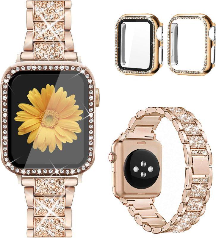 Photo 1 of 



















Mesime Compatible for Apple Watch Band with Screen Protector Case, Jewelry Replacement Bands 45mm 44mm 42mm 41mm 40 mm 38mm 2 Pack Bling Protective Cover for iWatch Series 9/8/7/6/5/4/3/2/1/SE Women
