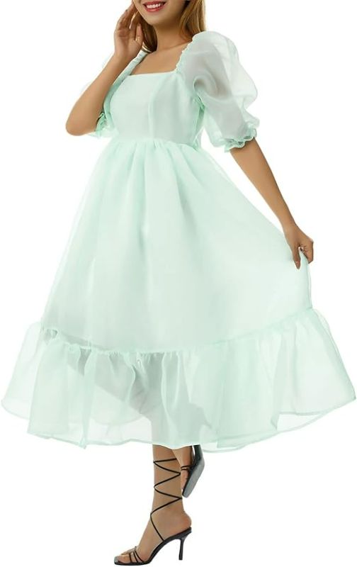 Photo 1 of  (M) Women  Sleeve Tulle Mini Dress Square Neck Off Shoulder Vintage Flowy Princess Ruffle Dress size