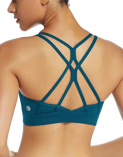 Photo 1 of size Medium RUNNING GIRL Strappy Sports Bra for Women Sexy Crisscross Back Light Support Yoga Bra with Removable Cups color (Teal)