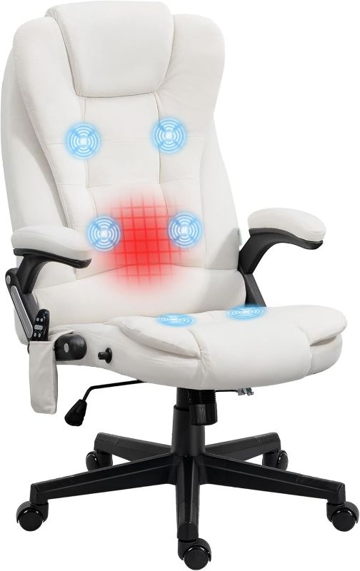 Photo 1 of HOMCOM 6 Point Vibrating Massage Office Chair with Heat, Velvet High Back Executive Office Chair with Reclining Backrest, Padded Armrests and Remote, Cream White