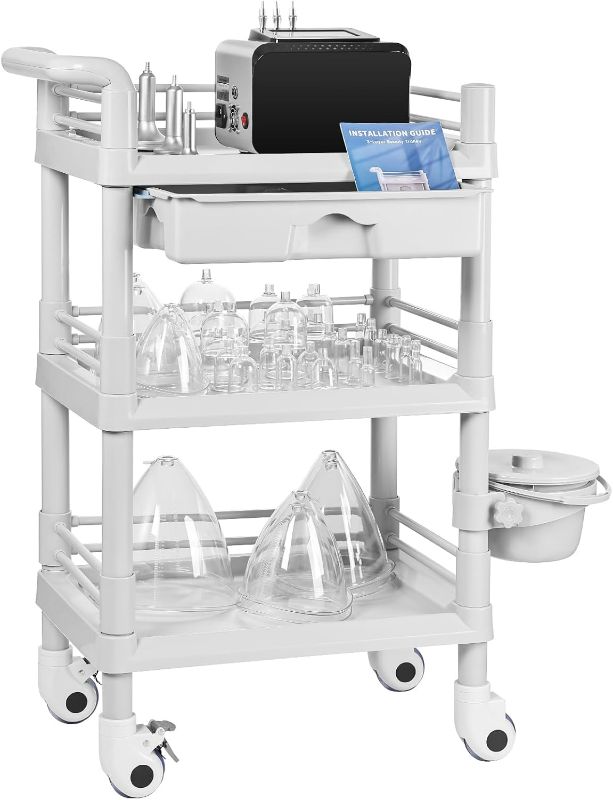 Photo 1 of Meifuly Beauty Trolley Cart with Wheels, Vacuum Therapy Machine Trolley with Handrail, Bucket and Big Drawer, 3 Tier Heavy Duty Beauty Cart, Load 330lbs, 360° Rotate Silent Wheels