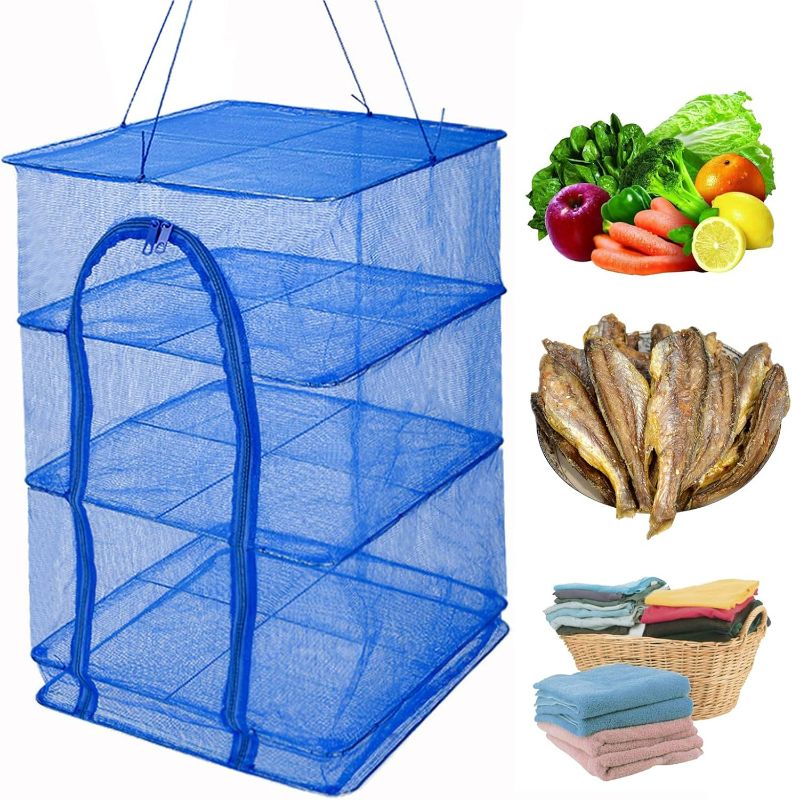 Photo 1 of Drying Rack 4 Layers Folding Fish Mesh, Foldable Nylon Netting, Hanging Drying Fish Net, for Shrimp Fish Fruit Vegetables Herb, with Zipper Opening-Blue (25.59X13.78X13.78 in)…