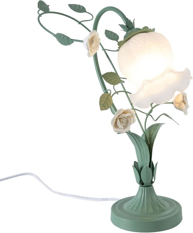 Photo 1 of Modern Flower Desk Lamp, Rose Flower Table Reading Lamps, Lily Shaped Glass Desk Light Decor for Bedside End Table Coffee Table & Working Table (Green Light White Flower).. missing a flower 