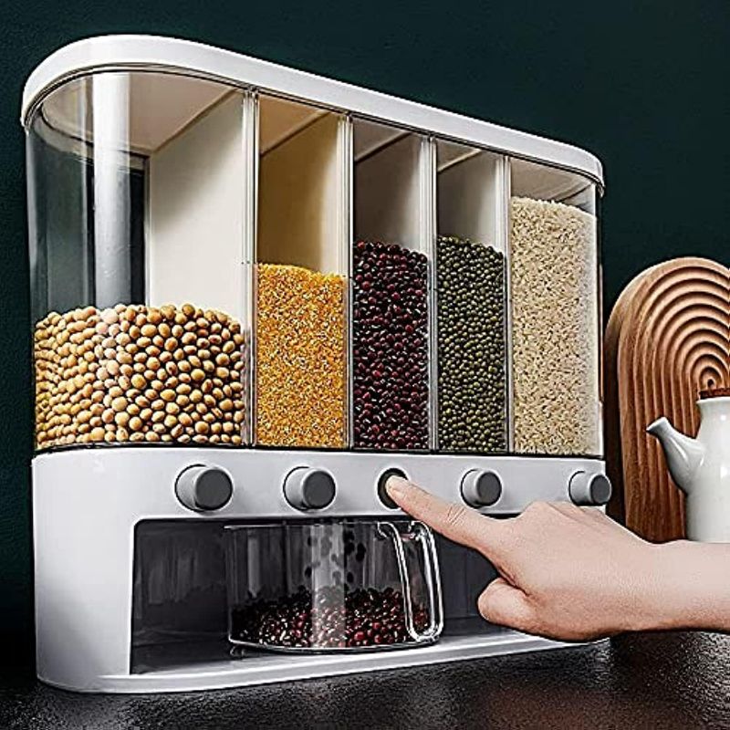 Photo 1 of Dry Food Dispenser,Wall mounted 5 Grid Cereal Dispenser,Rice dispenser 25 pounds Kitchen Storage with Measuring Cup