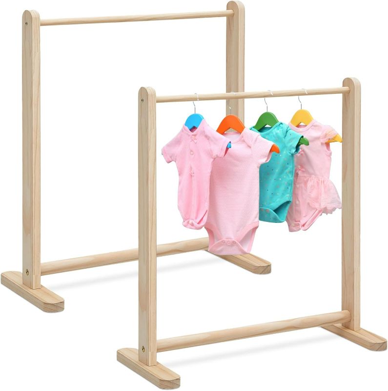 Photo 1 of Barydat 2 Pcs Kids Clothing Rack Kids Dress Up Rack Wood Child Garment Rack 22.1" W x 9.5" D x 24.4" H Kid's Clothes Hanger Wooden Clothes Organizer for Home Bedroom Living Room Clothing Store