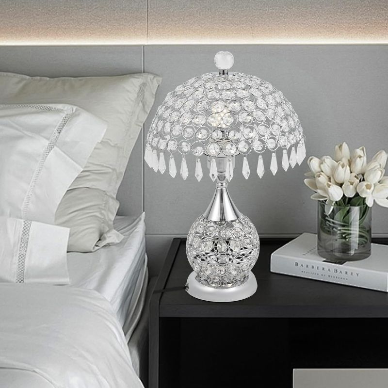 Photo 1 of Crystal Table Lamp Light with Crystal Shade, Dimmable LED Desk Lamp with Plug in Cord Luxury Nightstand Lamp Bedside Lamp Light Silver for Bedroom Living Room