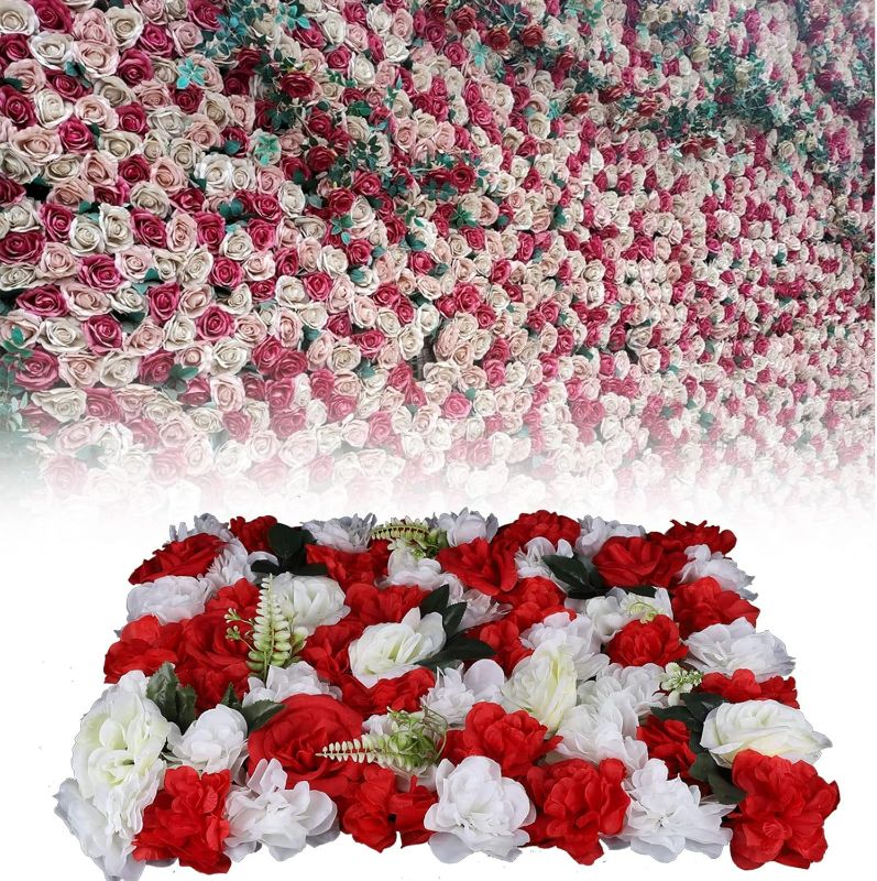 Photo 1 of DNYSYSJ Flower Wall 12PCS 23.62" x 15.75" x 0.79" Lifelike Red Hydrangea Artificial White Rose Flowers Panel Silk Fabric Wall Mat for Garden Patio Wedding Stage Indoor Outdoor Decor