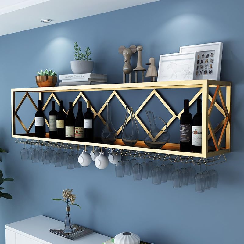 Photo 1 of Wine Rack Bar Unit Floating Shelves Wall Mounted Inverted Wine Glass Rack Multifunctional Bottle Holder Hanging Goblet Rack with Partitions Gold for Wine Cellar Bar