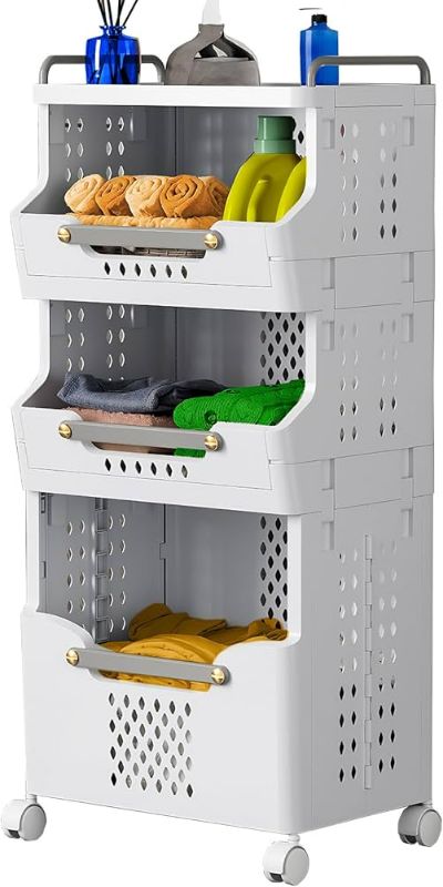 Photo 1 of 2pcs Laundry Baskets with Wheels,Rolling Folding Laundry Hamper,Utility cart,Kitchen Storage Cart,Stackable Storage Bins Open Front,Dirty Clothes Hamper,Plastic Laundry Room Organization