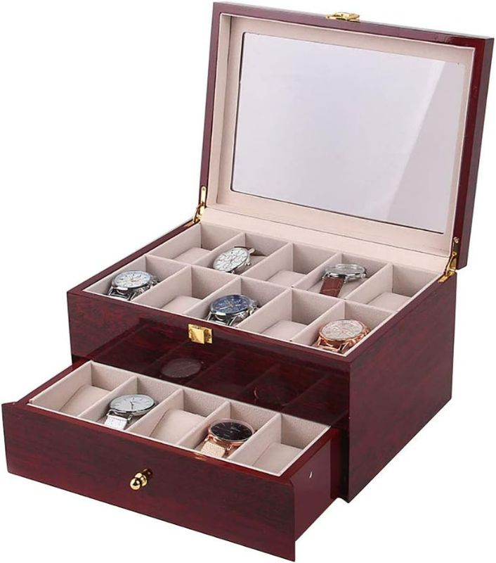 Photo 1 of 20 Slots Wooden Watch Case Watch Box Display for Men Women Top Collection Box Jewelry Storage Organizer Holder Storage Gifts (11.02" x 7.87" x 6.5", Bright Mahogany Red)