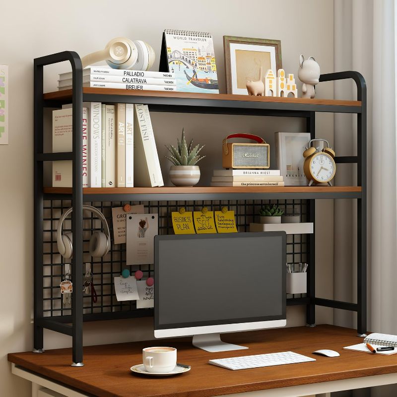 Photo 1 of FINAL SALE ***SOLD AS IS**** IOTXY 2-Tier Desktop Hutch Bookshelf - Metal Desk Shelf Bookcase with Grid Panel, Countertop Storage Organizer Rack for Dorm or Office, Black, 45.3" W. -Missing wood for shelf.