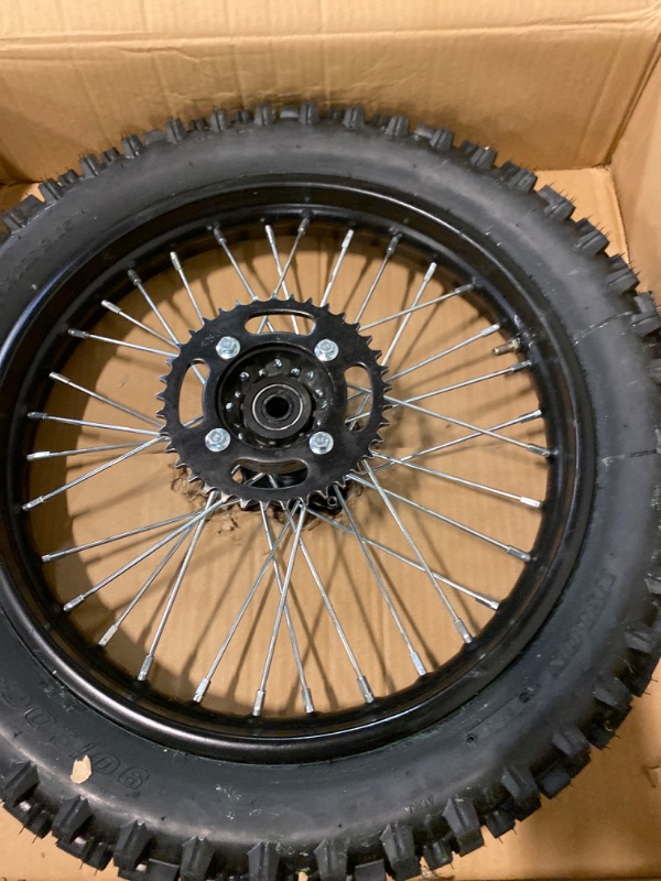 Photo 2 of 16" Rear Tire Rim Dirt Pit Bike Rear Rim Wheel with Sprocket 90/100-16 Tire Rim Wheel with Bolt for Dirt Pit Bike 110cc 125cc 140cc 150cc, Axle Hole Dia 15mm