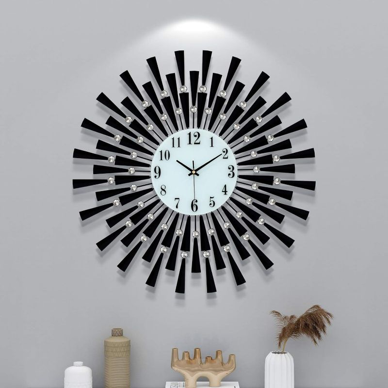 Photo 1 of FLEBLE Large Wall Clocks for Living Room Decor Modern Big Silent Wall Clocks Battery Operated Quartz for Office Kitchen Bedroom Home Decoration 24 Inch Black Round Crystal Clock Wall Decor for Indoor