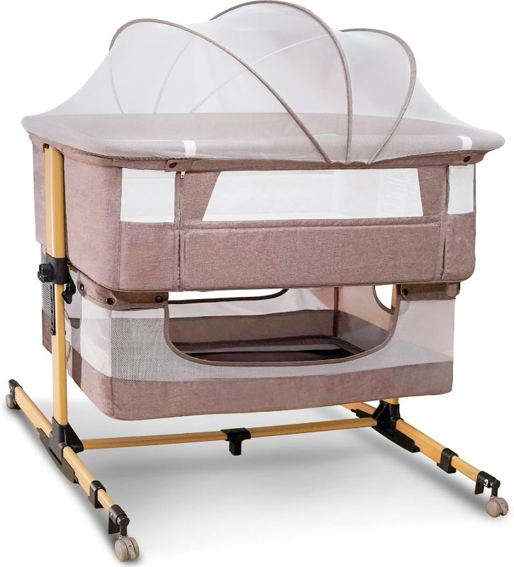 Photo 1 of Baby Bassinet, 3 in 1 Infant Bassinet Bedside Sleeper, Bassinet with Cover?Rocking Bedside Bassinet for Baby with Storage Basket, Easy Folding Adjustable Portable Travel Crib (khaki)