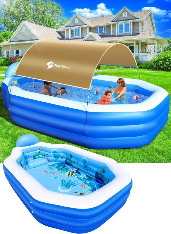 Photo 1 of Inflatable Pool with Canopy,2024 Large Inflatable Swimming Pool for Kids,Adult,BlowUp Pool With Seats,Backrest.Durable Thickened 125"x75"x25"Inflatable Family Pool for Backyard,Outdoor