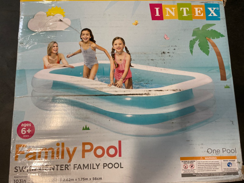 Photo 3 of Intex 56483EP Inflatable 8.5' x 5.75' Swim Center Family Pool for 2-3 Kids, Backyard Splash Pool for Children 6+ Years Old, 198-Gallons, Blue & White